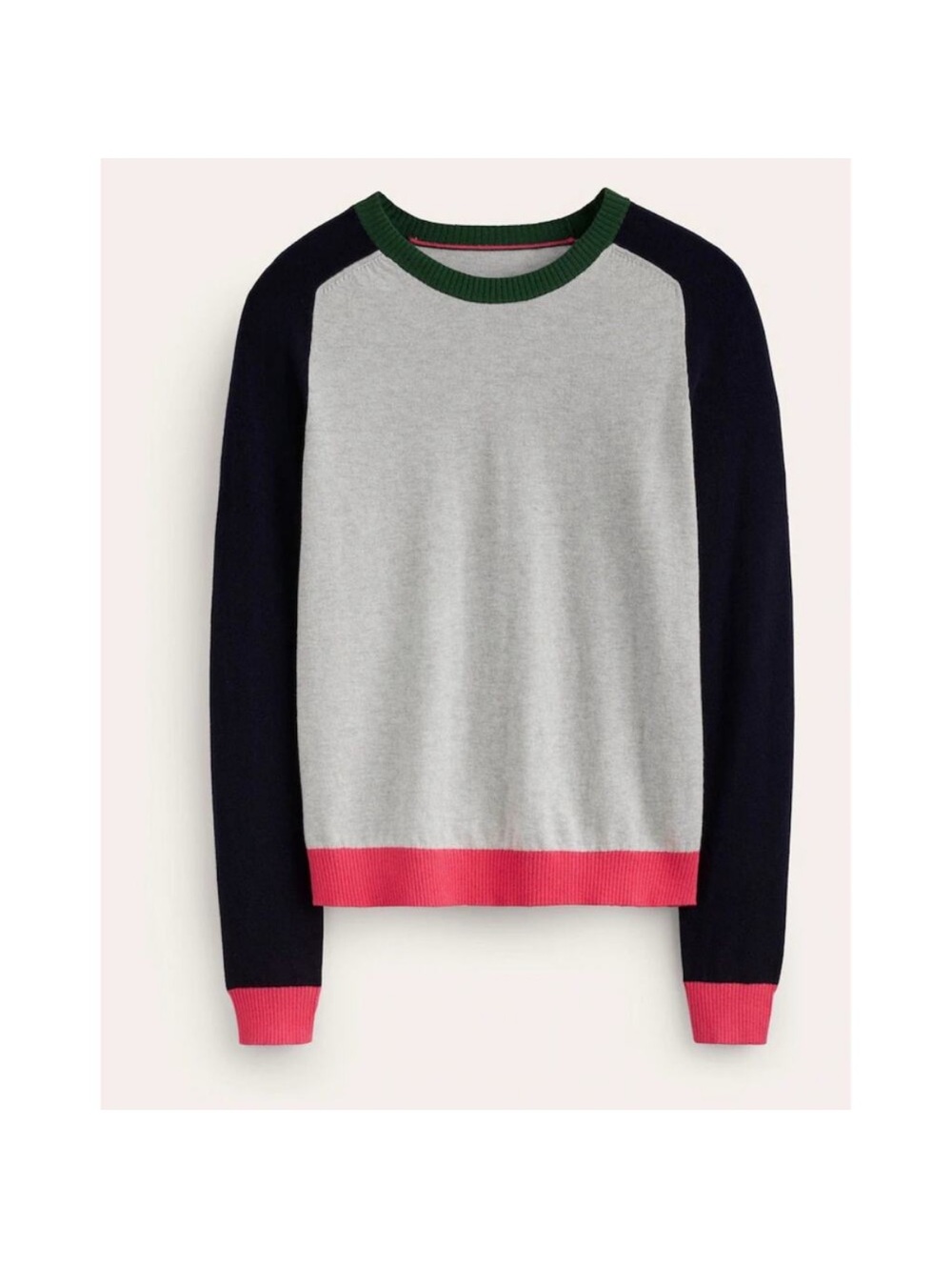 Boden Meg Raglan Colorblock Crewneck Sweater Cotton Cashmere Blend Gray Pink M